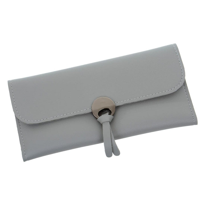 Grey faux leather clutch purse on a white background