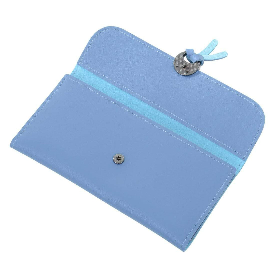 Blue purse open to show stud fastener