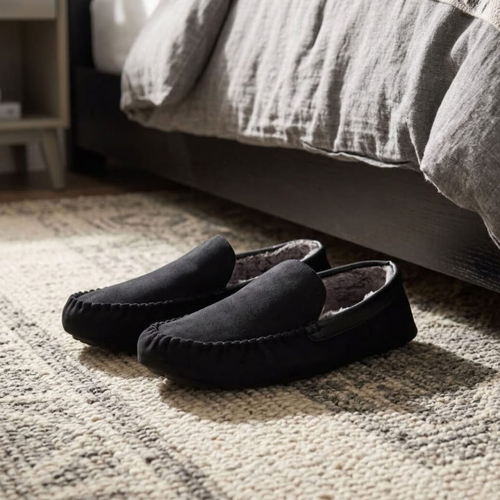 Mens Moccasin Slippers Luxury Microsuede Fur Lining Non-Slip