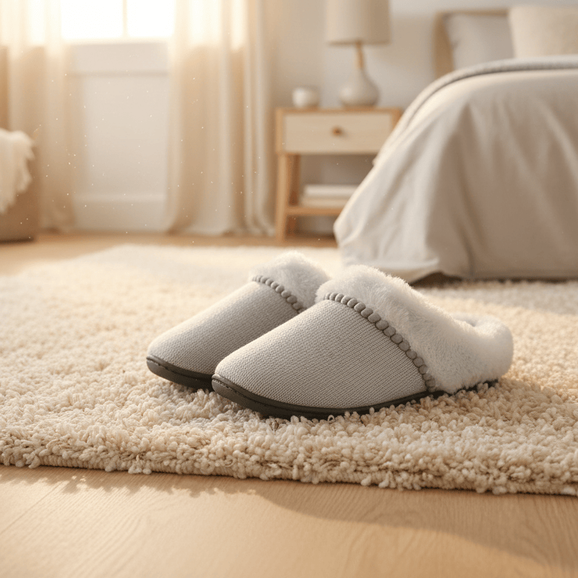 Pair of gray slippers on a beige rug in a bedroom.
