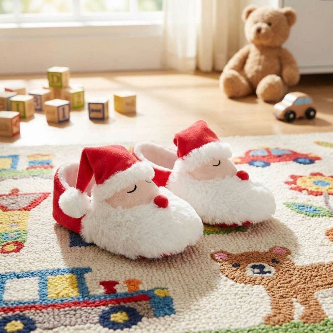 santa shaped kids slippers on playmat in kids bedroom with building blocks and teddy bear in background