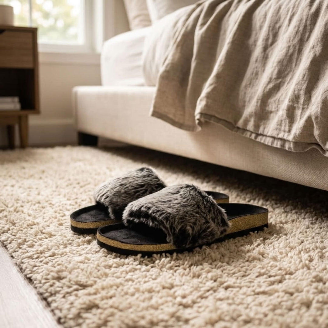A pair of plush gray and black fuzzy slide slippers with a gold-foiled trim, placed on a cream shag rug next to a bed in a cozy bedroom setting.