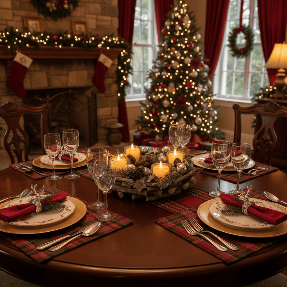 Dining table set for Christmas with candles, glasses, and place settings in a festively decorated room.