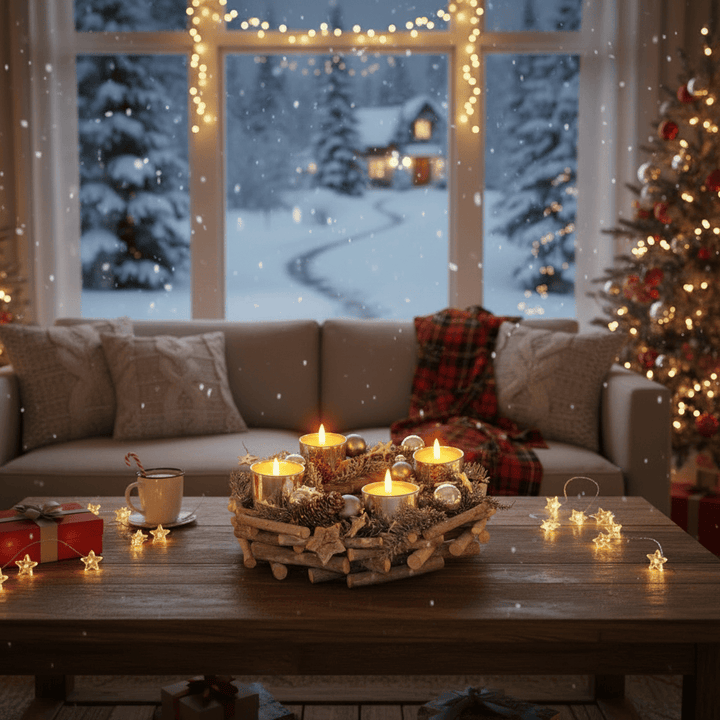 Cozy living room with Christmas decorations, including a tree and candles, with a snowy outdoor scene visible through the window.