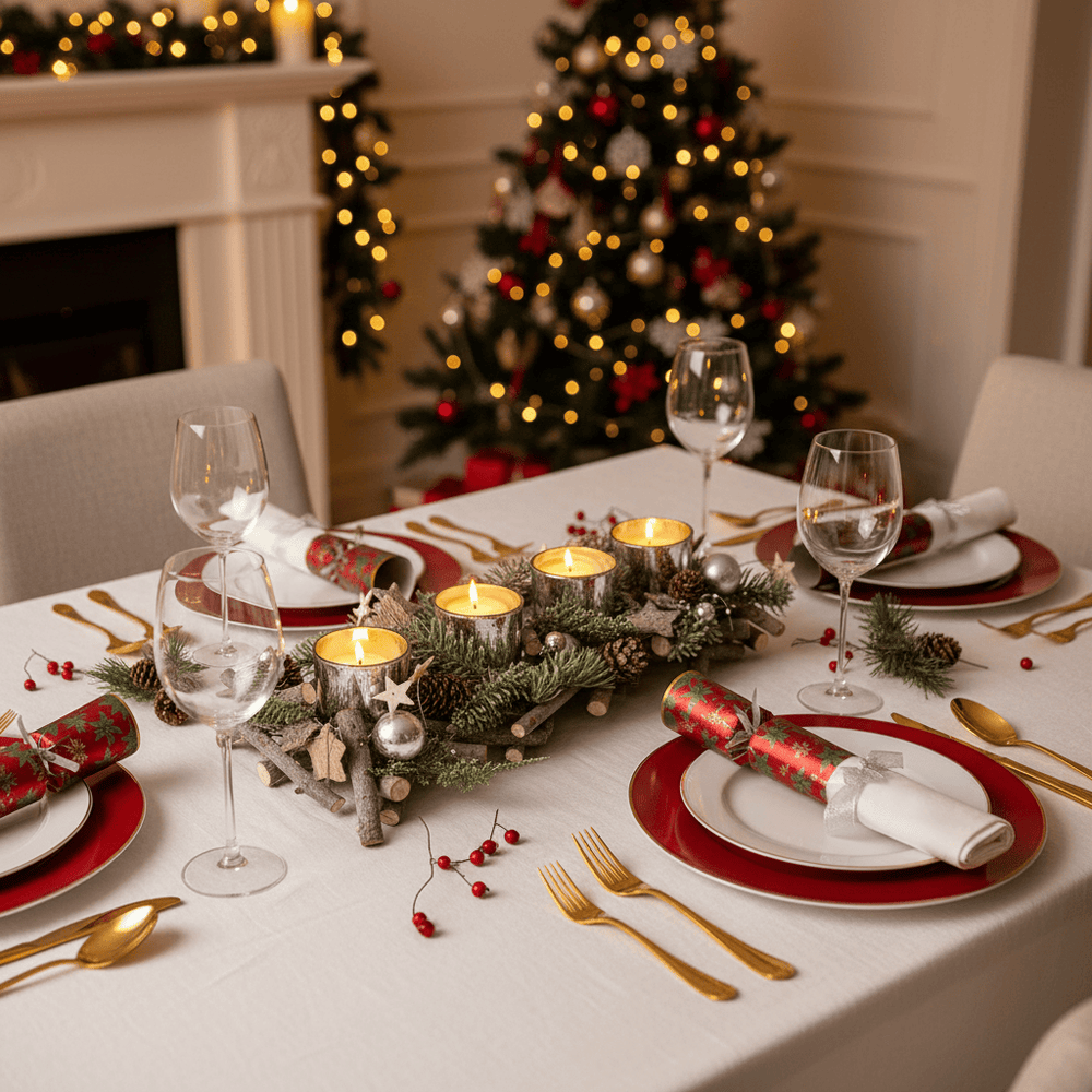 Decorated Christmas table with candles, crackers, and a tree in the background.