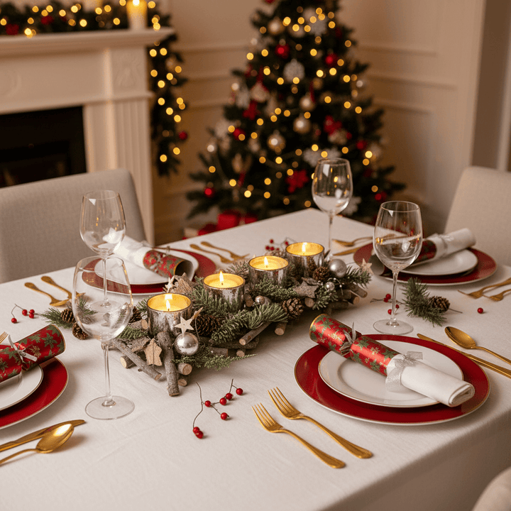 Decorated Christmas table with candles, crackers, and a tree in the background.