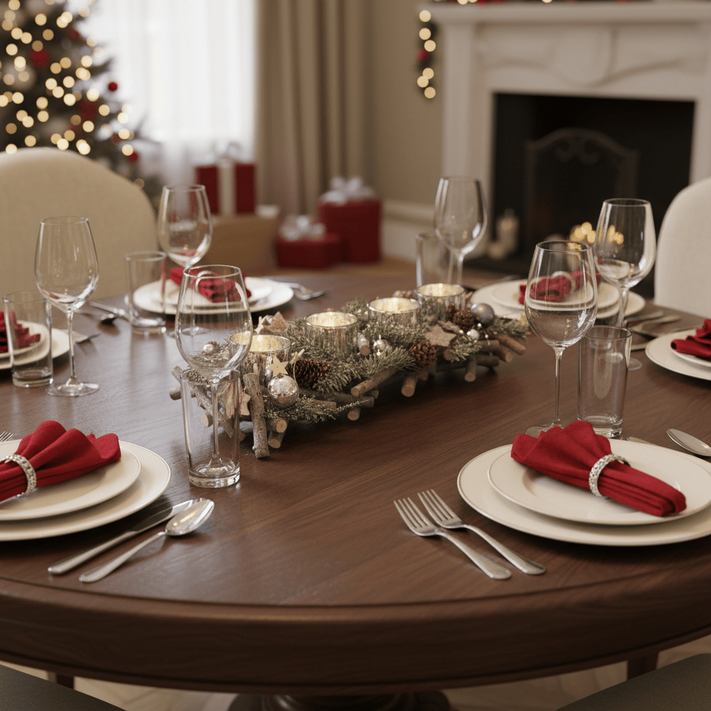 Dining table set for a festive meal with Christmas decorations, including a tree and fireplace.
