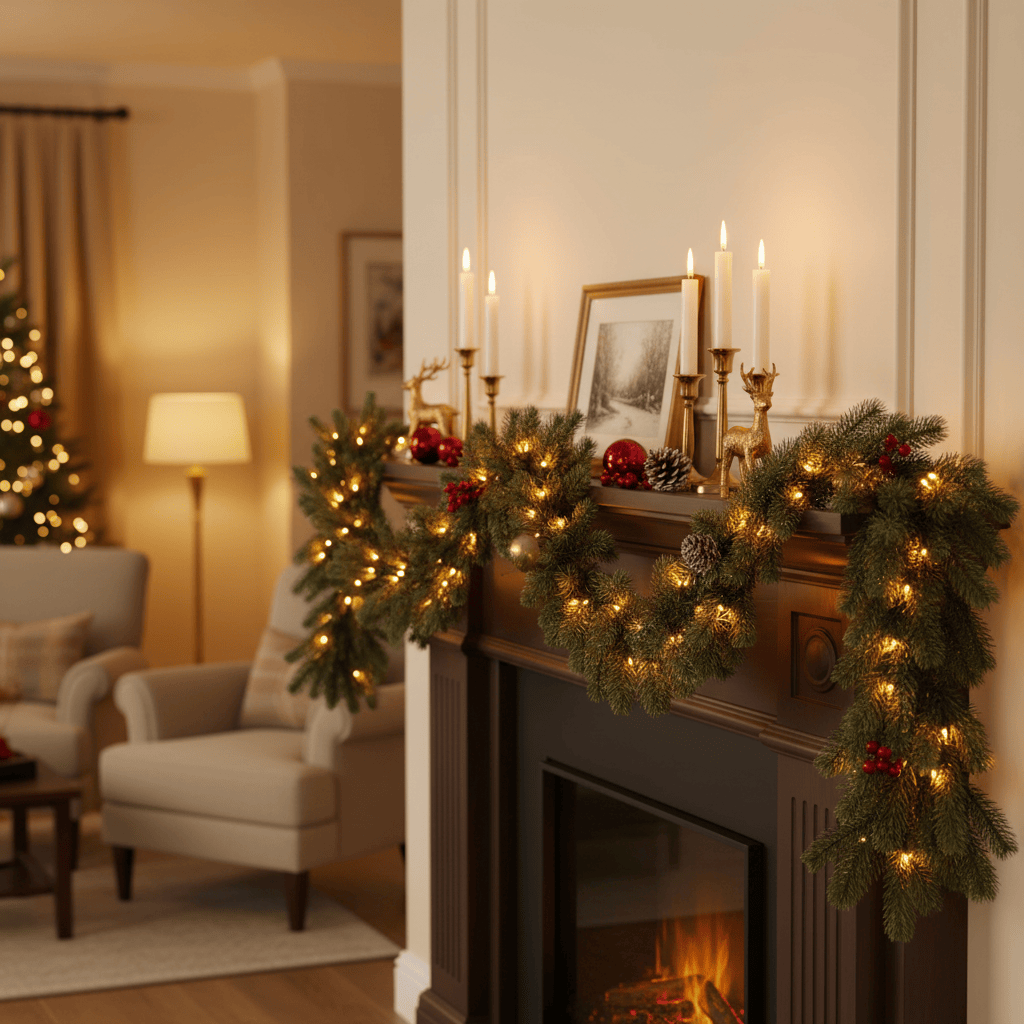 6ft Garland Draped over decorated fireplace with candles in a cosy living room. Additional Pinecones and Berries added to the the garland.