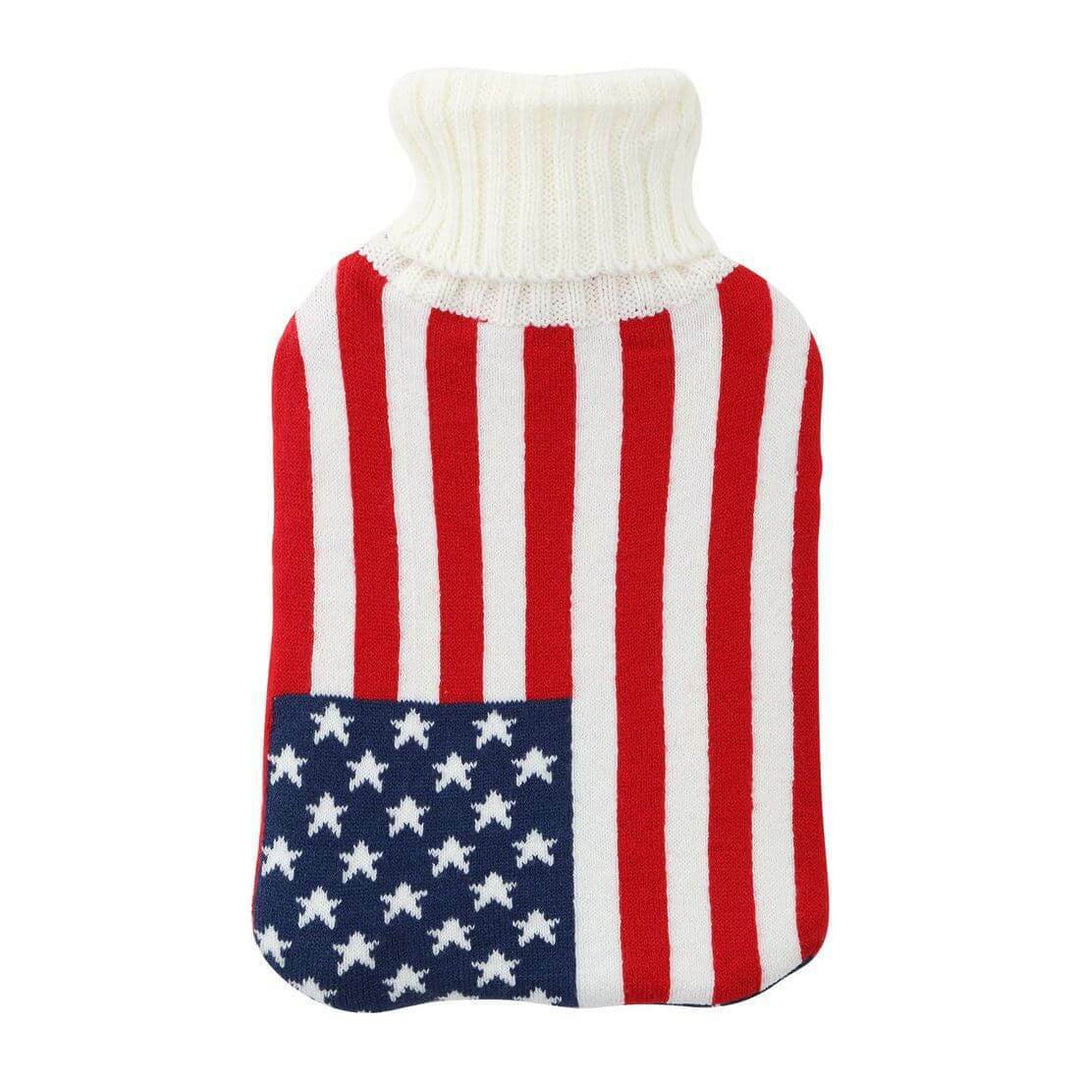 Hot water bottle with American flag design on a white background
