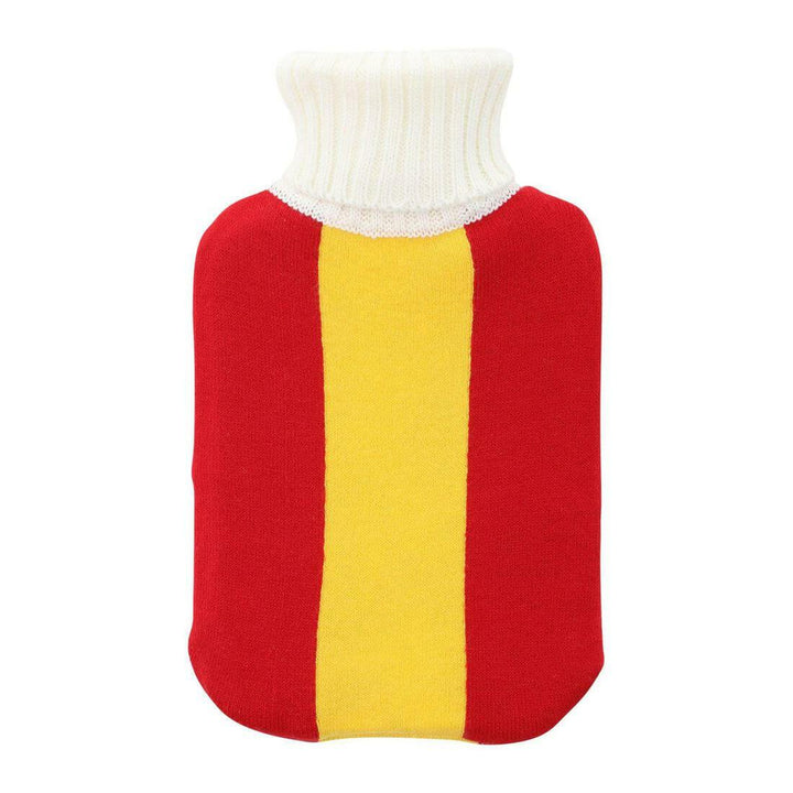 Hot water bottle with a red and yellow Spanish flag cover on a white background