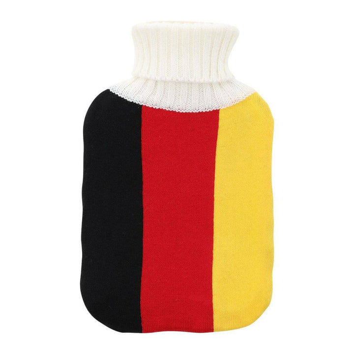Hot water bottle with black, red, and yellow German flag design cover on a white background