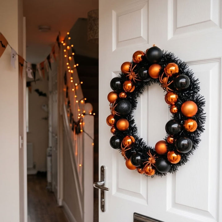 black and orange bauble wreath on front door with halloween decorations visible inside door is ajar