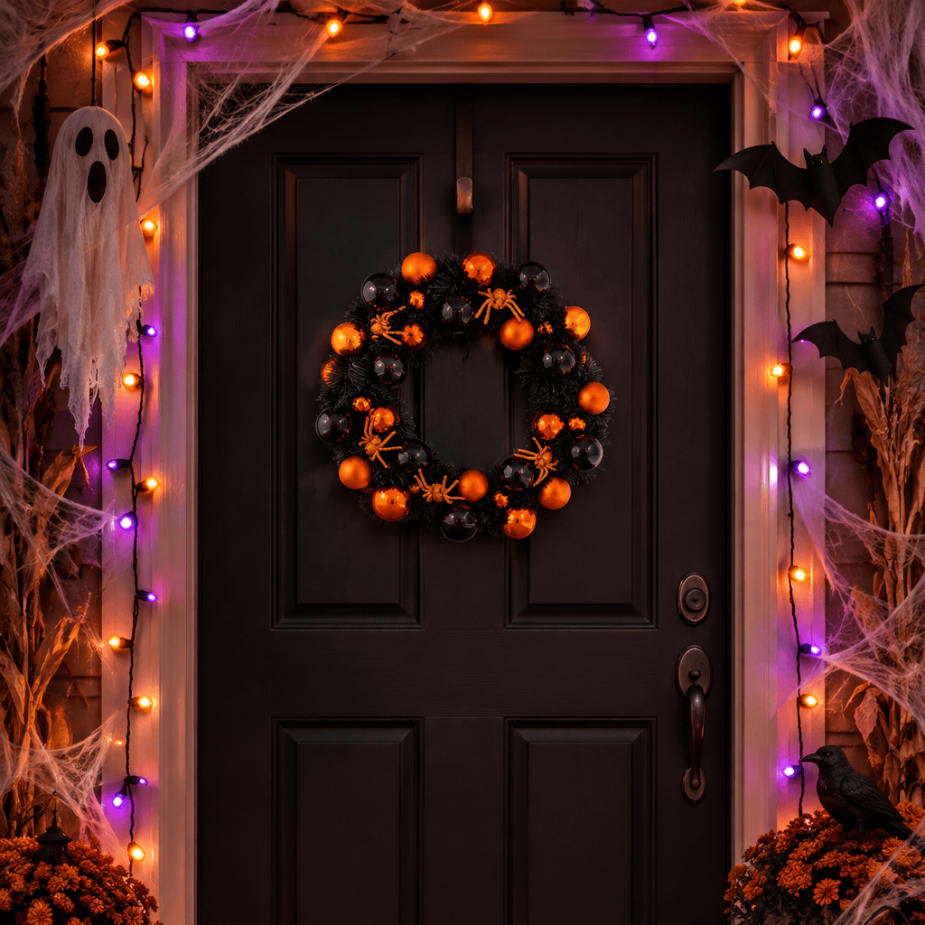 16" Halloween Wreath With Black &amp; Orange Baubles Decoration