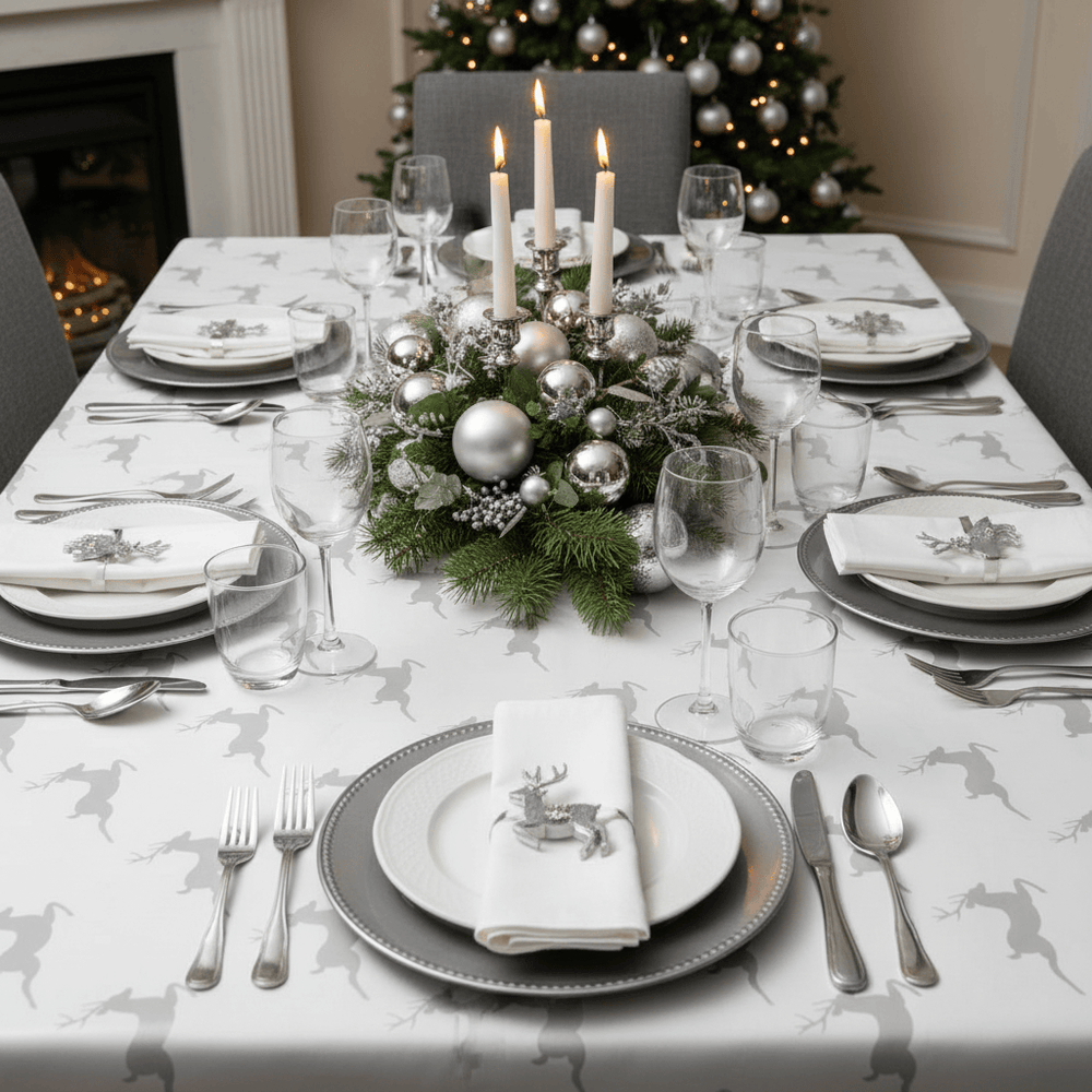 Elegant Christmas dinner table setting with silver decorations and a tree in the background.
