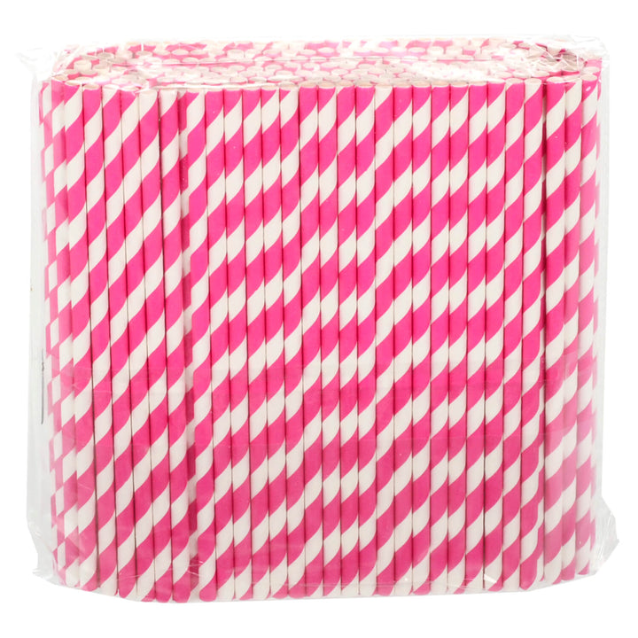 Pack of 250 hot pink and white striped drinking straws on a white background