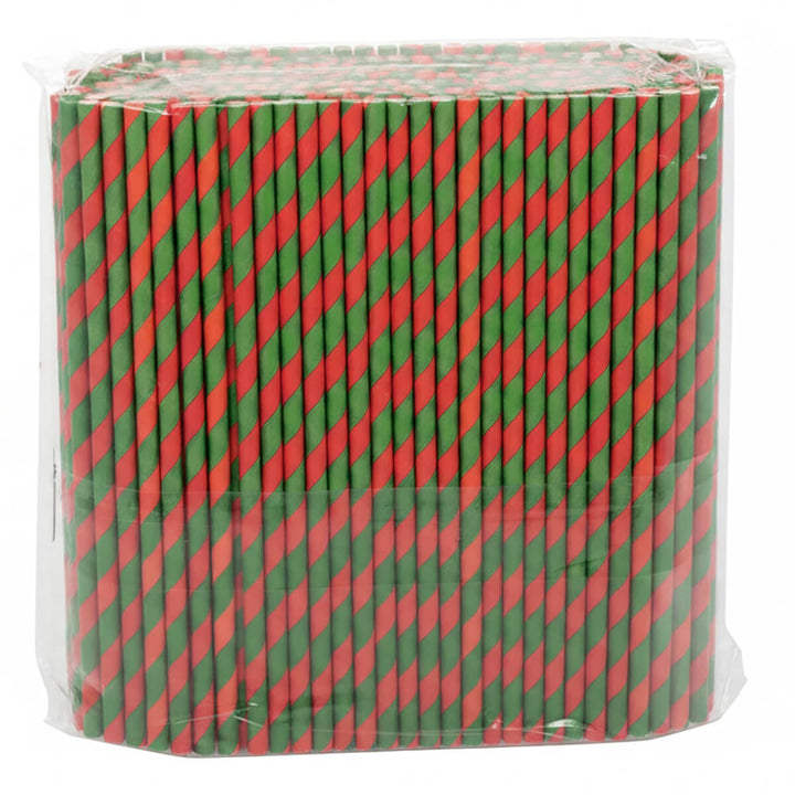 Pack of 250green and red striped drinking straws in plastic packaging on a white background