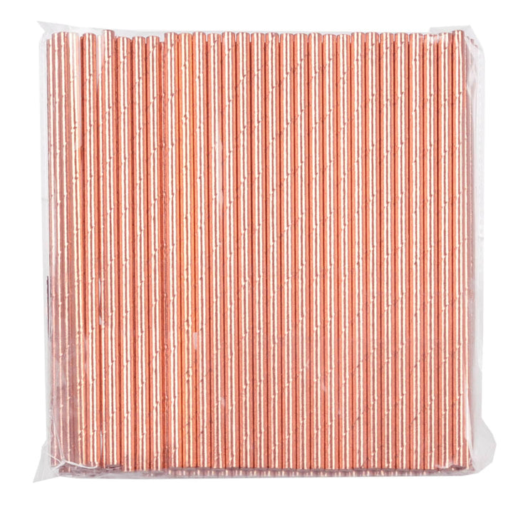 Pack of rose gold paper straws in a clear plastic bag on a white background