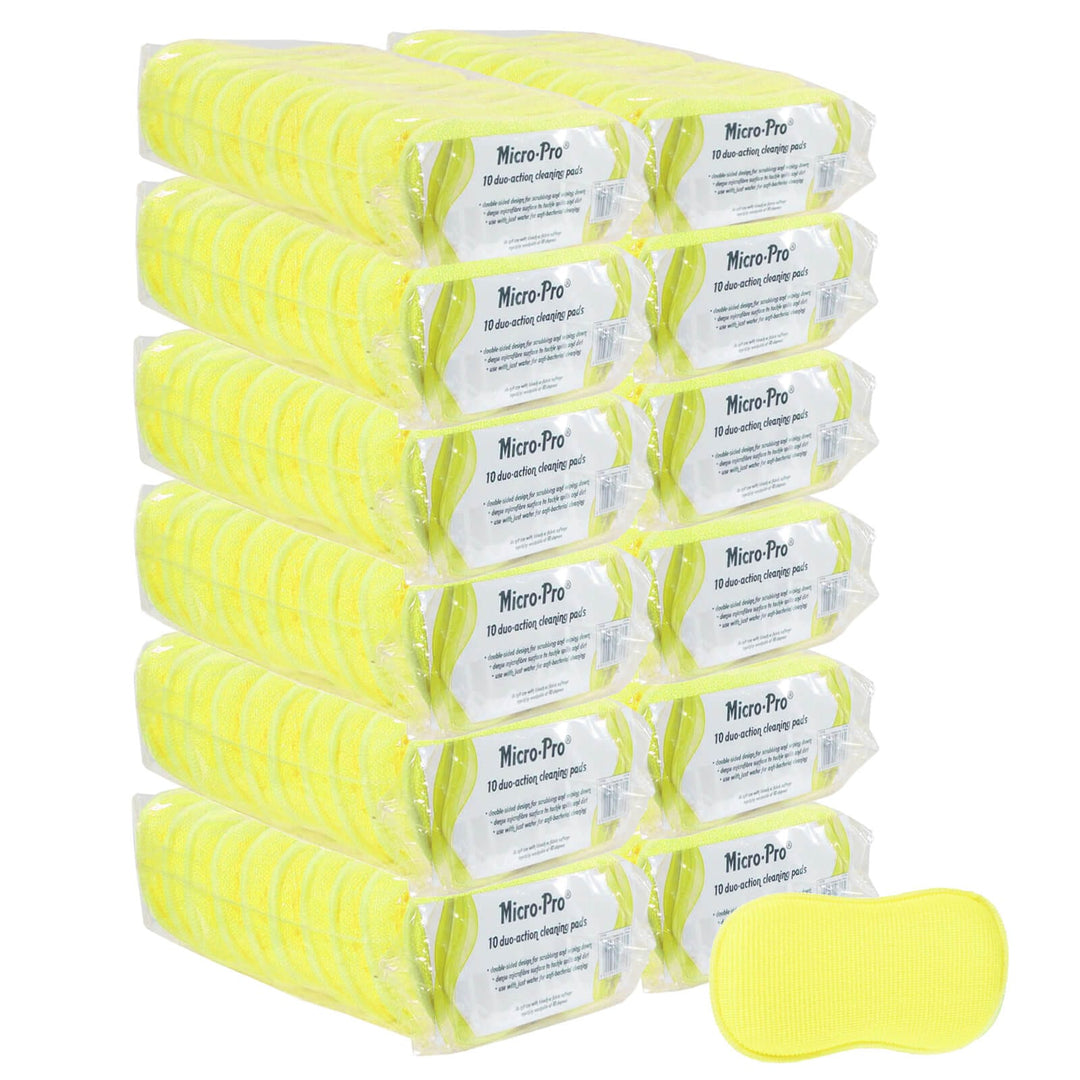 12 packs of yellow micro-pro cleaning pads on a white background