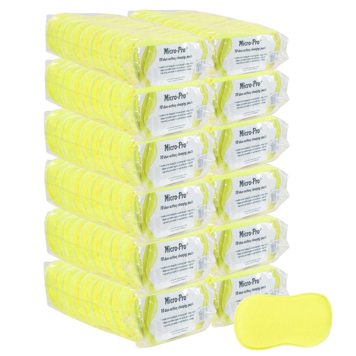 12 packs of yellow micro-pro cleaning pads on a white background