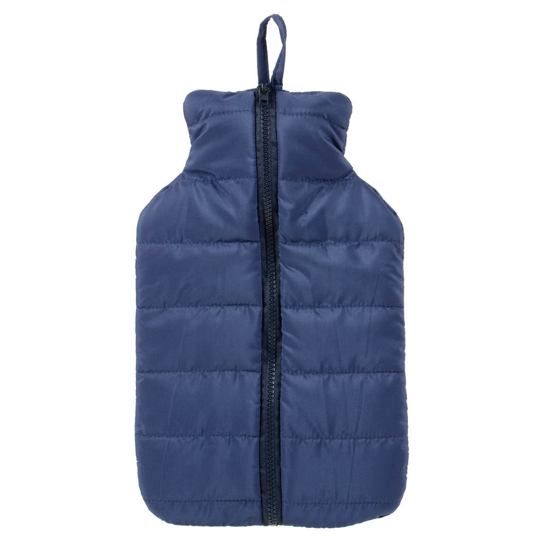 Navy blue puffer jacket style cover hot water bottle on a white background