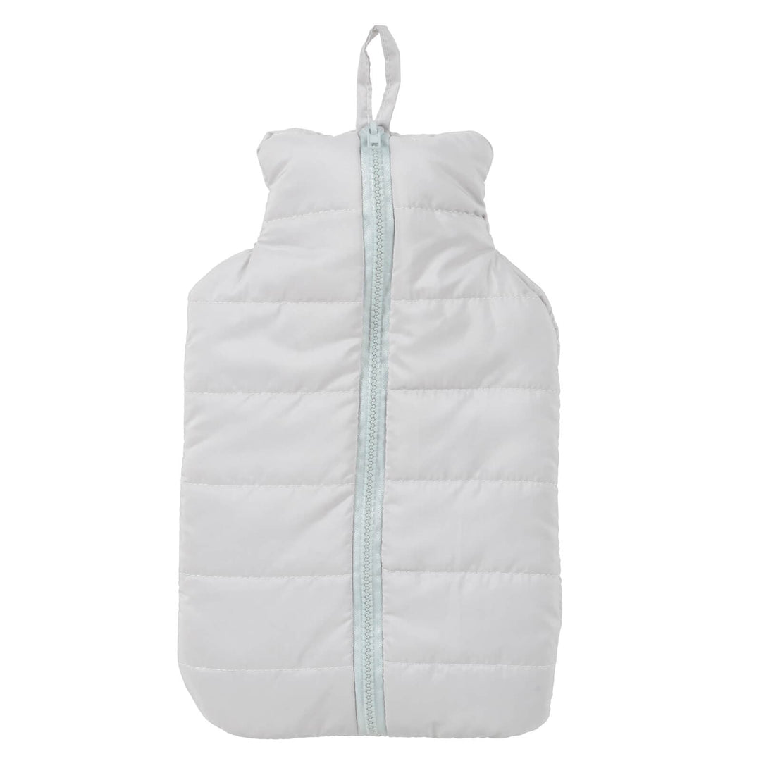 Light grey puffer jacket style cover hot water bottle on a white background