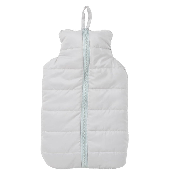 Light grey puffer jacket style cover hot water bottle on a white background