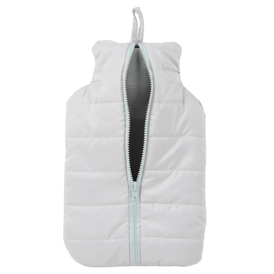 Light grey puffer jacket style cover hot water bottle with zip open on a white background
