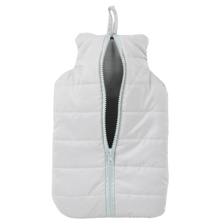 Light grey puffer jacket style cover hot water bottle with zip open on a white background