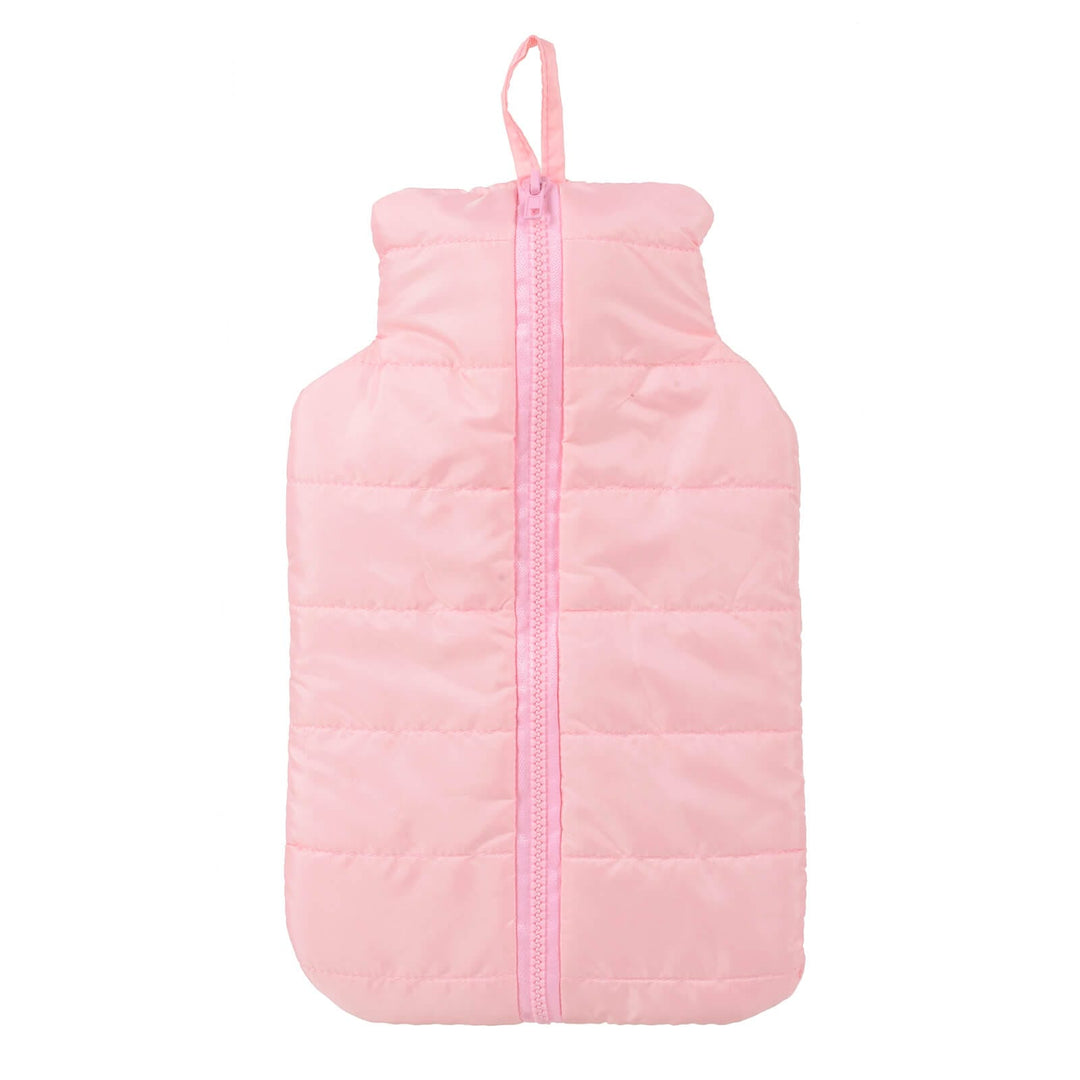 Pink puffer jacket style cover hot water bottle on a white background