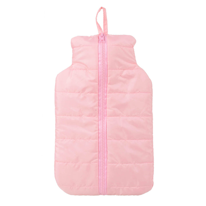 Pink puffer jacket style cover hot water bottle on a white background