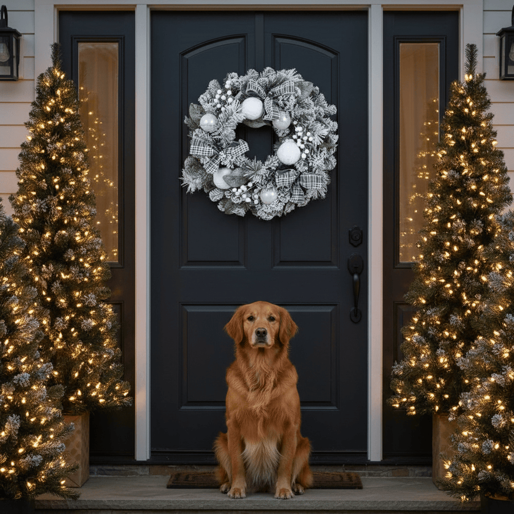 Dog sitting on a porch with a decorated door and Christmas trees.