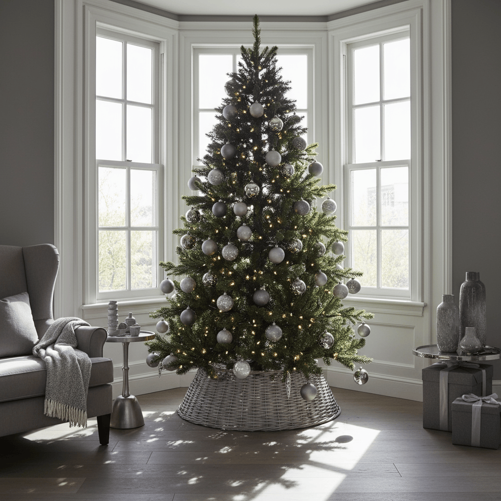 Decorated Christmas tree in a living room with a gray armchair and windows in the background.