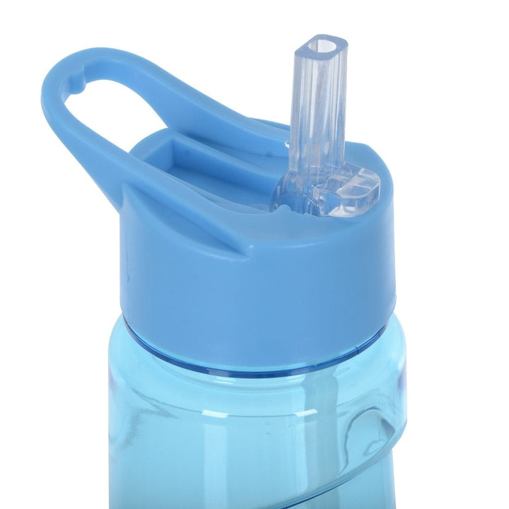 Blue plastic water bottle with flip top spout on a white background