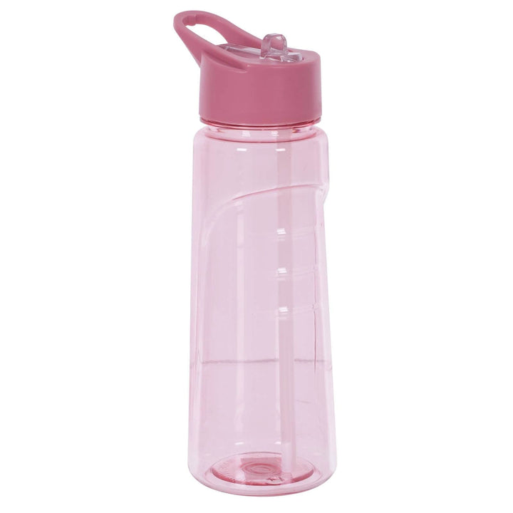 Pink plastic water bottle on a white background