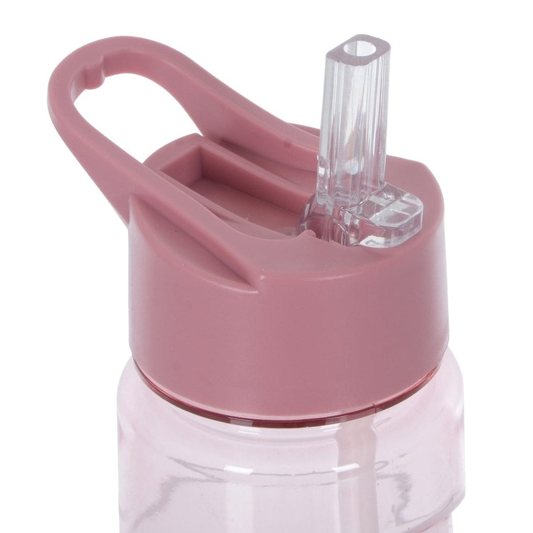 Pink plastic water bottle with flip top spout on a white background