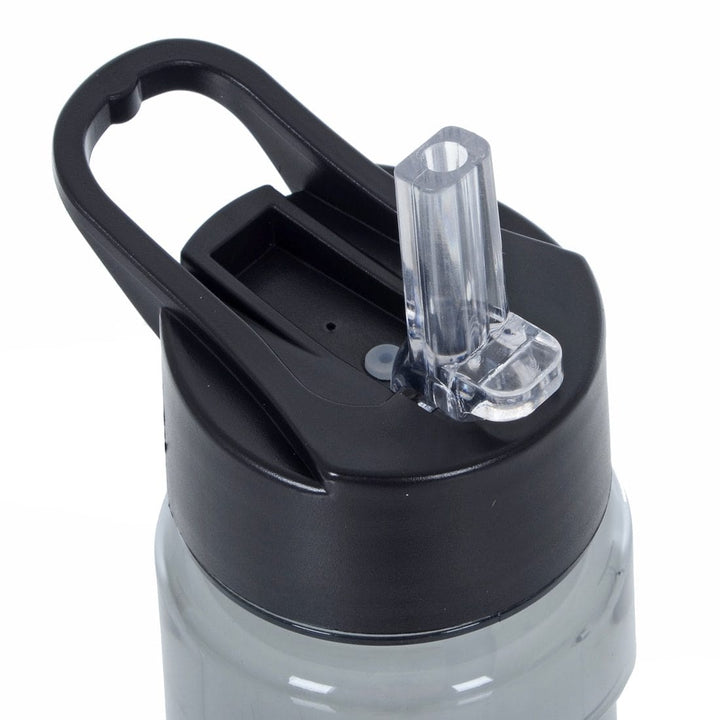 Grey plastic water bottle with flip top spout on a white background