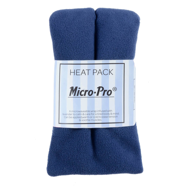 Blue fleece heat pack with Micro-Pro packaging on a white background