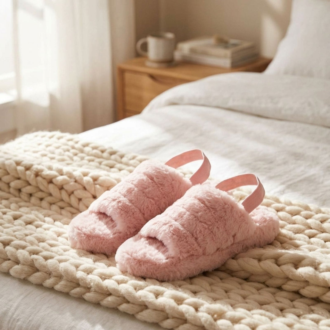 pink mule slippers with elasticated waist on knitted blanket on bed