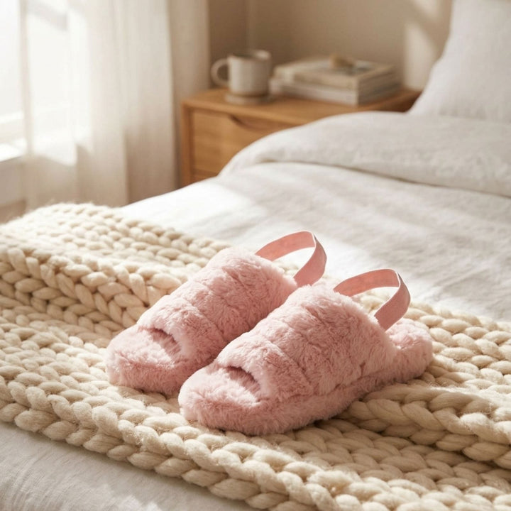 pink mule slippers with elasticated waist on knitted blanket on bed
