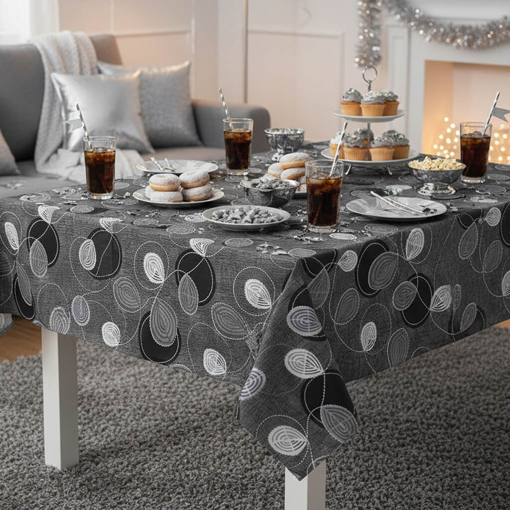 Party table set with a monochrome swirl patterned tablecloth, food, and drinks in a cozy living room.