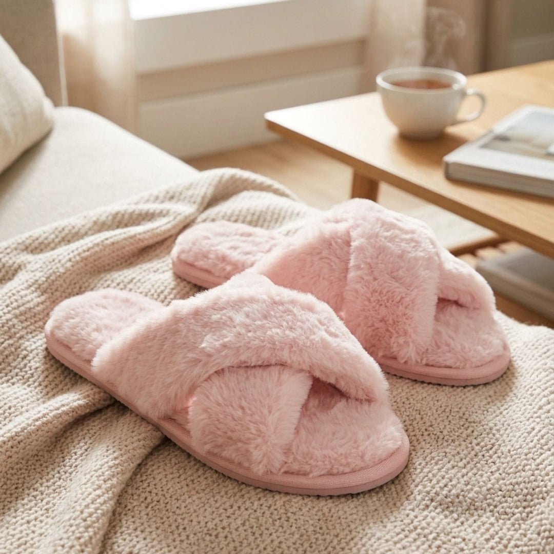pink fluffy slippers with faux fur on sofa beside coffee table with cup of tea and book