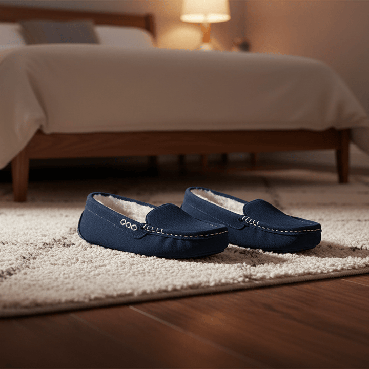Blue slippers on a rug in front of a bed in a bedroom.