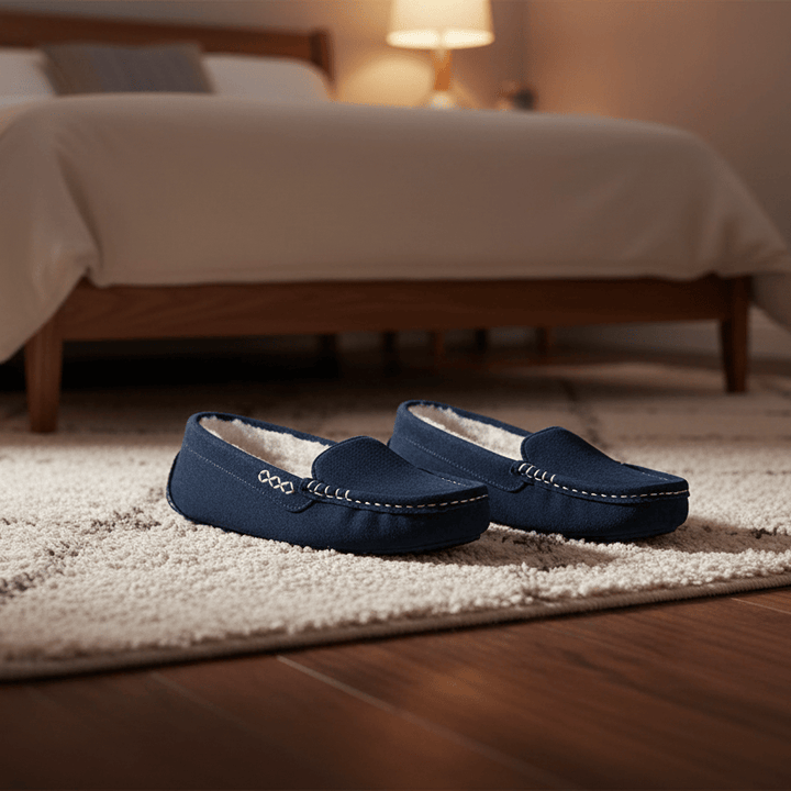 Blue slippers on a rug in front of a bed in a bedroom.