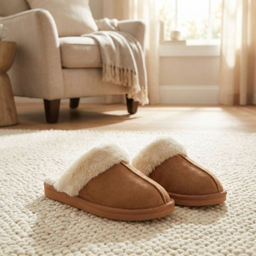 tan coloured mule slippers on white jute rug in living room with chair and blanket in background