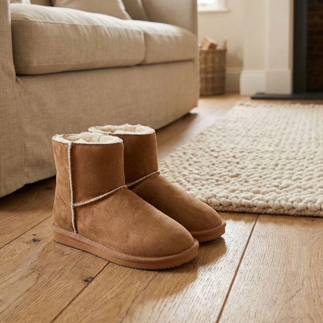 tan boot slippers on wooden floor in front of sofa with jute rug in background