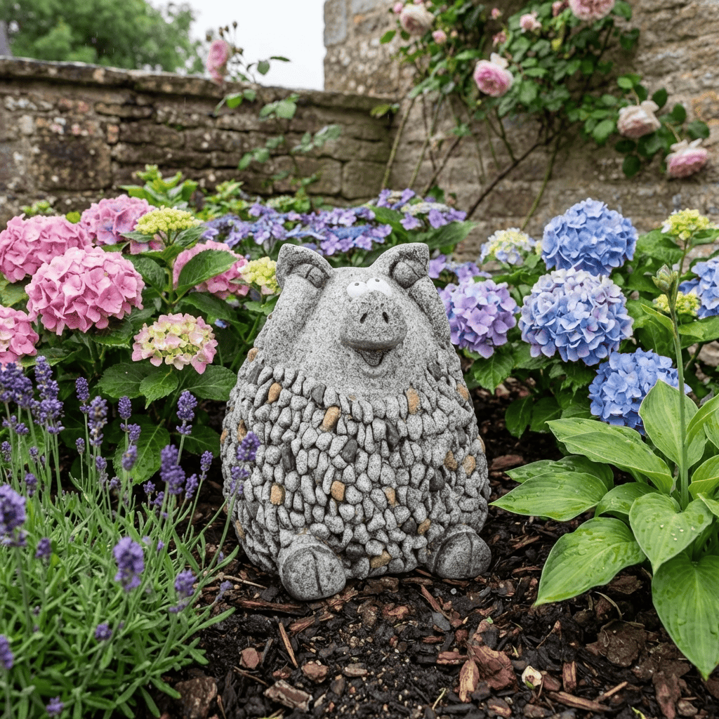 little pebble pig ornament in a flower bed garden with hydrangeas in purples and blues and pinks