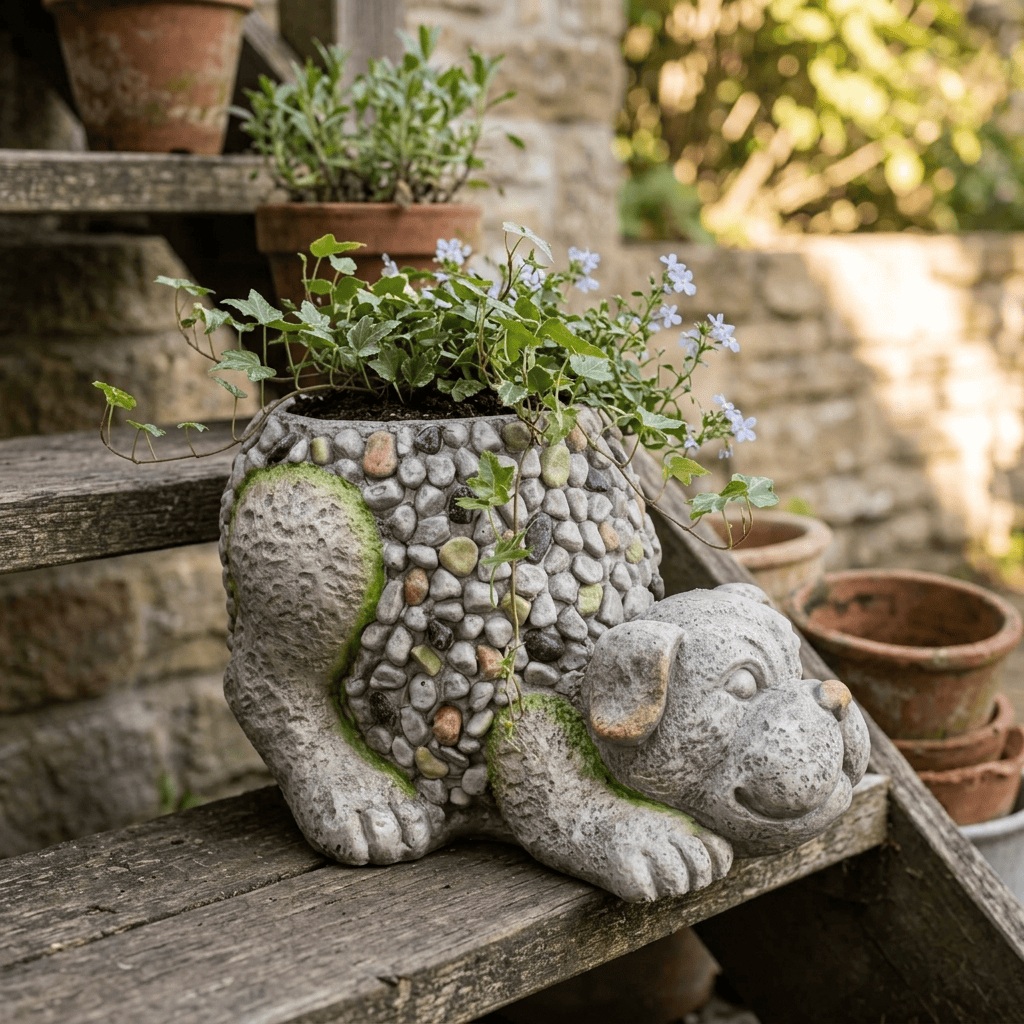 crouching dog planter on wooden steps in garden with plant pots in background