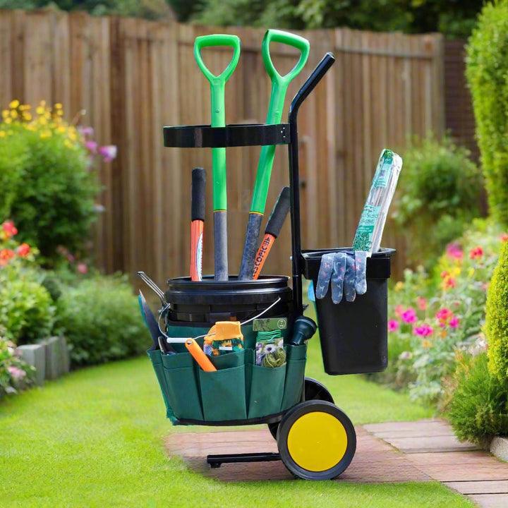 Garden Tool Cart Tidy Caddy Wheels 2 Buckets 18 Pocket Belt