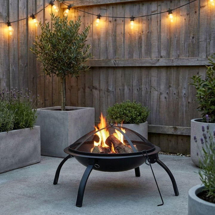 Azuma Vulcan Fire Pit Black Steel Folding Legs Mesh Cover