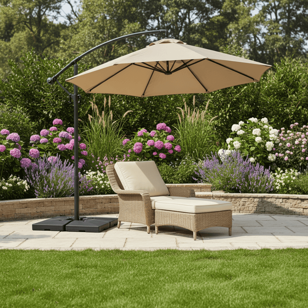 Beige patio umbrella and lounge chair set in a garden with flowers and greenery.